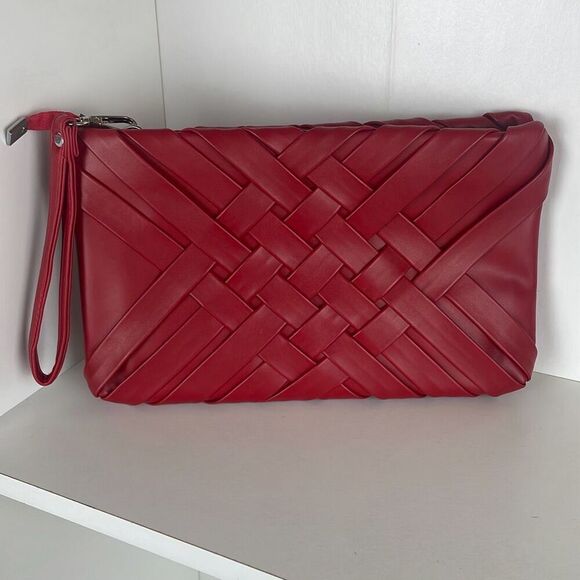 NEW Red Vegan Leather Woven Clutch - Picture 1 of 9